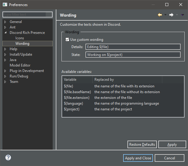 The Preferences dialog with the 'Discord Wording' page opened