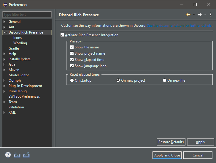 Screenshot of the global-scope preferences dialog