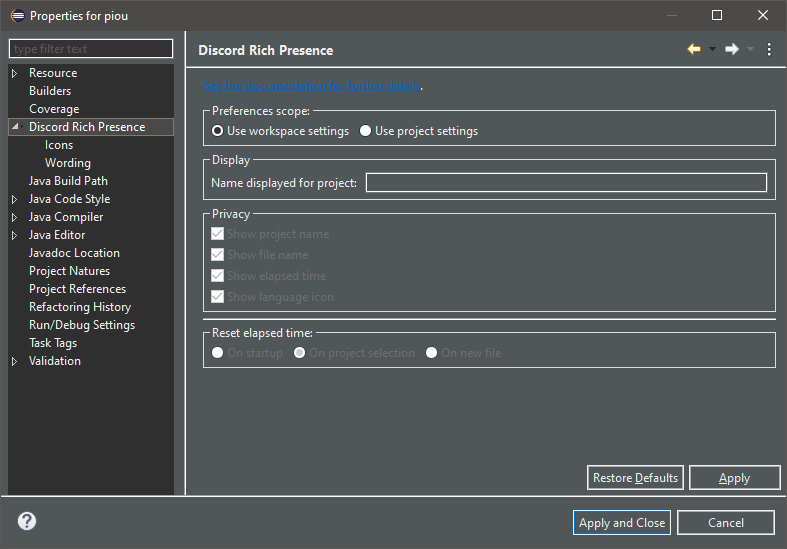 Screenshot of the project-scope preferences dialog